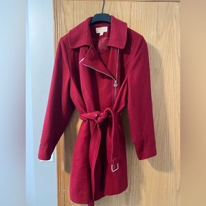 Michael Kors Cranberry Red Pea Coat with Silver Zipper details